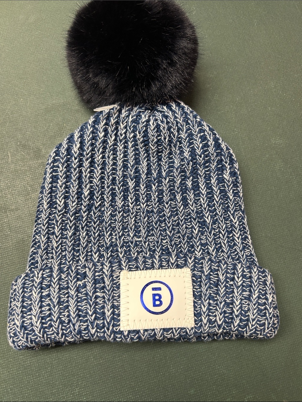 Love Your Melon hat Navy and White Knit Beanie with Black Pom Letter B on front